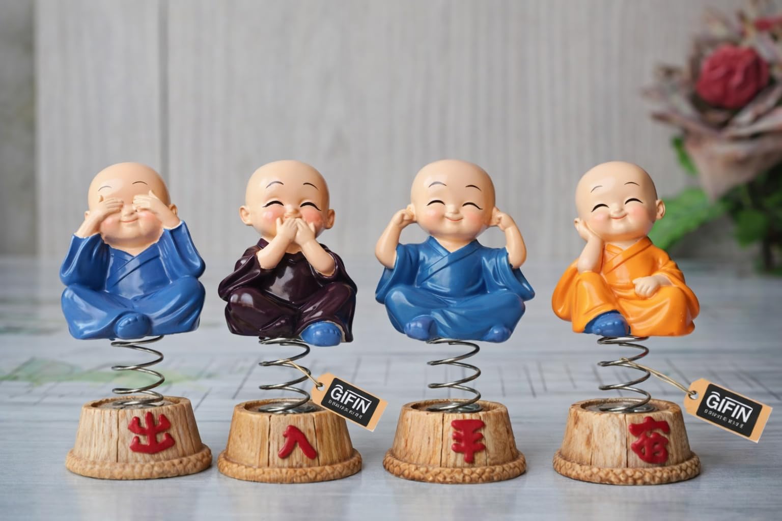 Bobblehead Monk Spring Set Figurine Set of 4 | Best for Car Dashboard or Interior Decoration | Valentines Gift