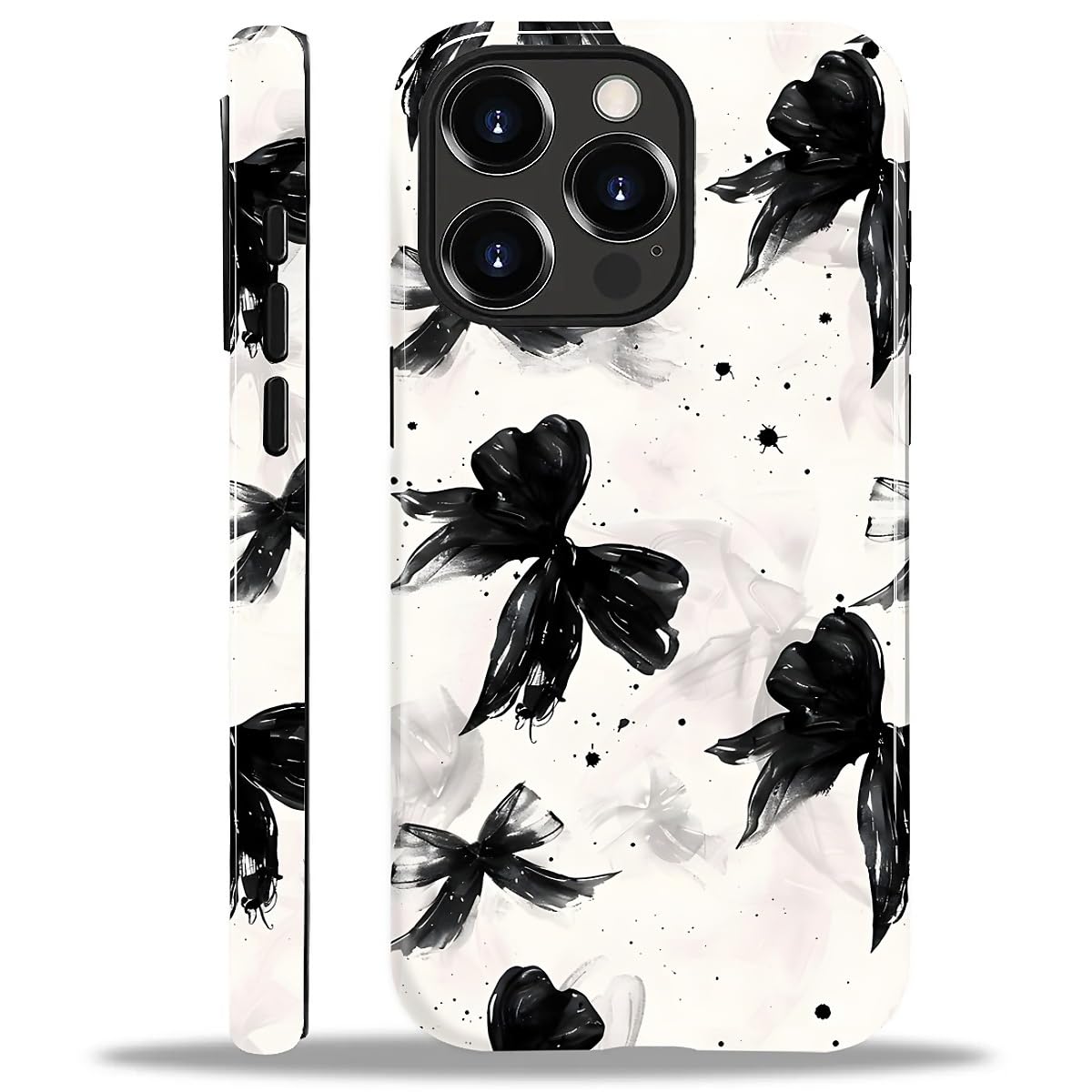Case Compatible with iPhone 15 Pro Max,Hybrid 2 Layer PC Hard Shell + Silicone Protective Case, Black Bowknots with Ink Splashes2 Scratch-Resistant