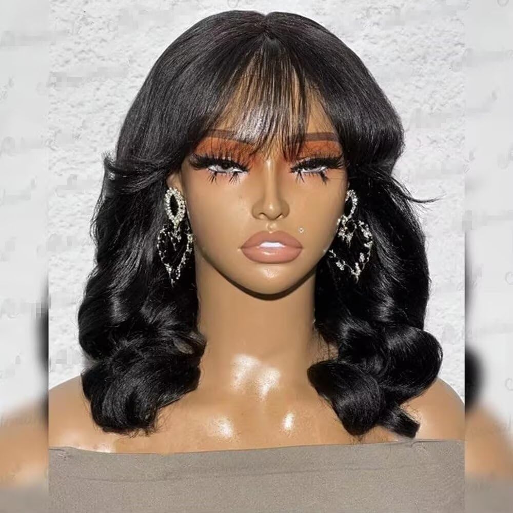 Body Wave Short Bob Human Hair Wig with Bangs 13x4 HD Transparent Lace Front Human Hair Wig Brazilian Hair Natural Color 180% Density Short Wigs Ocean Wave Pre Plucked Bangs Wig For Women 8"