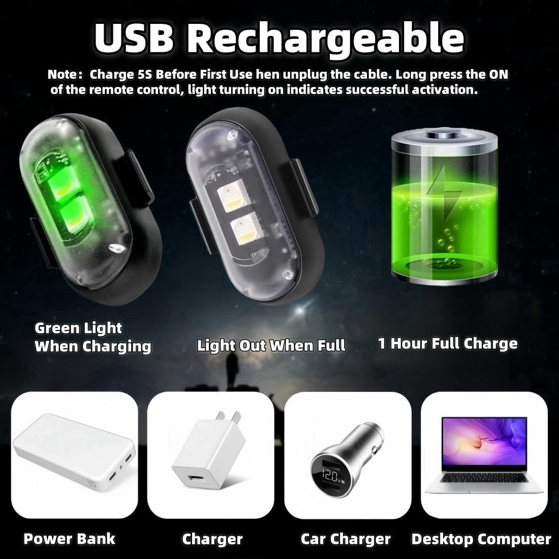 6PCS Wireless LED Strobe Lights with Remote Control, Wireless LED Warning Lights 8 Colors USB Charge IP65 Waterproof Anti-Collision, for Car Interior Motorcycle Bike Drone Car Truck RC Aircraft
