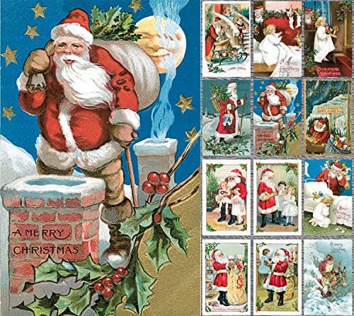 Image of PIXILUV CHRISTMAS PRESENTS (Pack of 12) Notecards Small Greeting Cards # Vintage Santa Claus and Children with Presents ~ Vintage Christmas Postcards Reprint