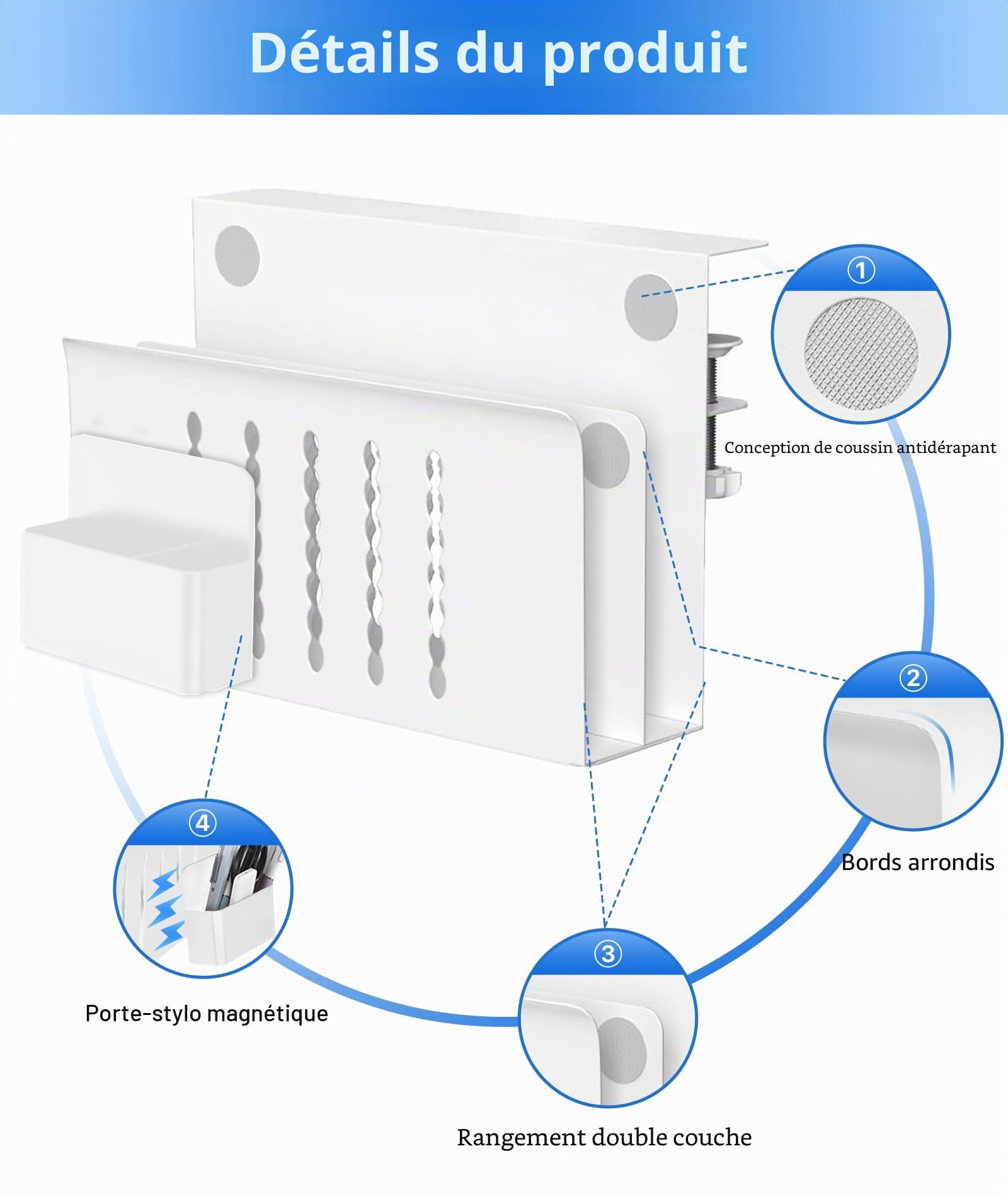 Rangement LatéRal de Bureau, Couche Double Rangement Sous Bureau Avec Porte-Stylo Magnétique Sans Perceuse Compartiment de Gestion Des CâBles en Acier Support pour Ordinateur Portable Maison