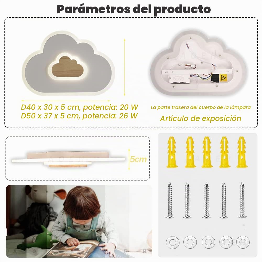 Lámpara de techo LED moderna para niños, salón, habitación de los niños, lámpara de techo nubes, lámpara de techo de madera, con función de luz nocturna, dormitorio