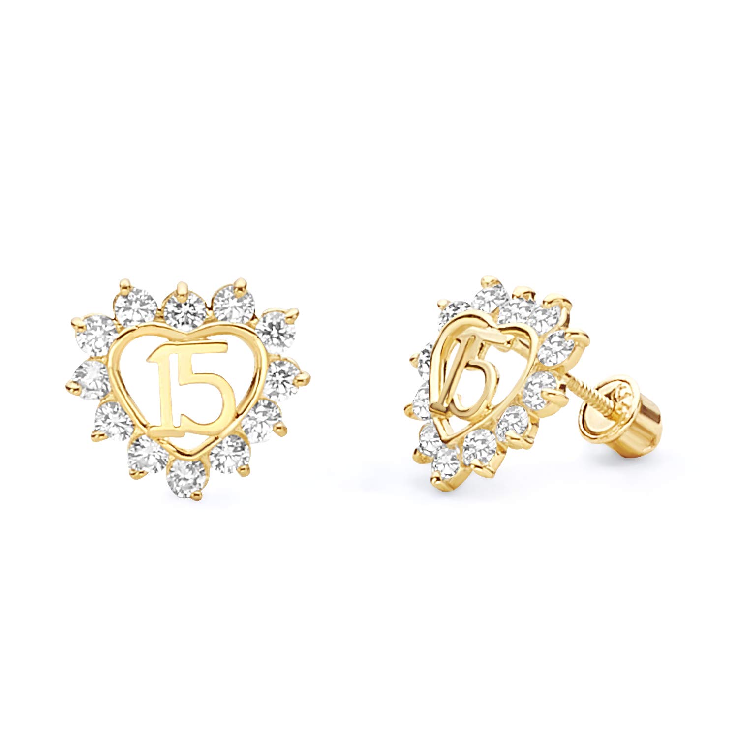 14k REAL Yellow Gold Sweet 15 Stud Earrings with Screw Back