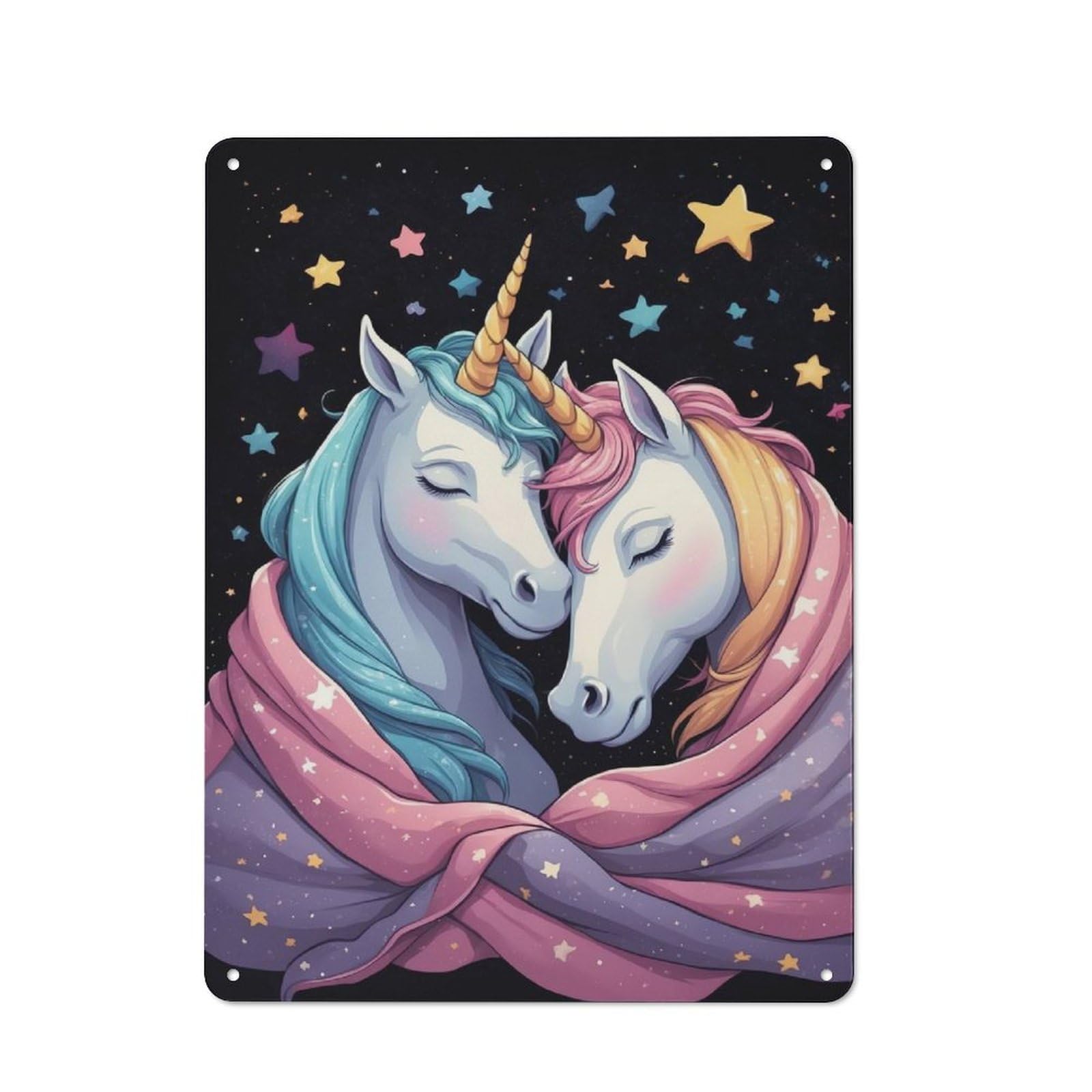 Junmoney Style-21 Two Unicorns Embracing In Starry Night Urban Metal Wall Decor 40X30cm, Metal Wall Art Sign For Loft, Studio, Office Or Creative Room