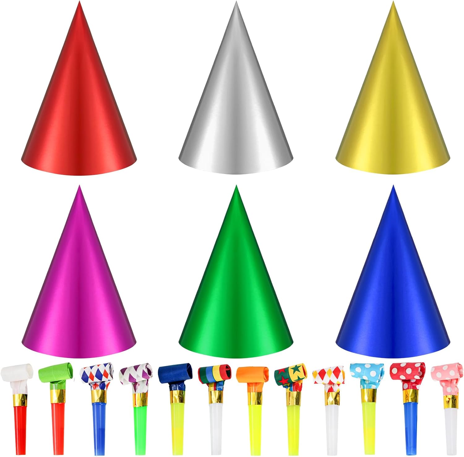 Hedume Set of 240 Birthday Party Cone Hats and Colorful Noisemakers Blowers, Colorful Cone Metallic Foil Hat and Noisemakers Blow Whistle for Birthday Party Supplies