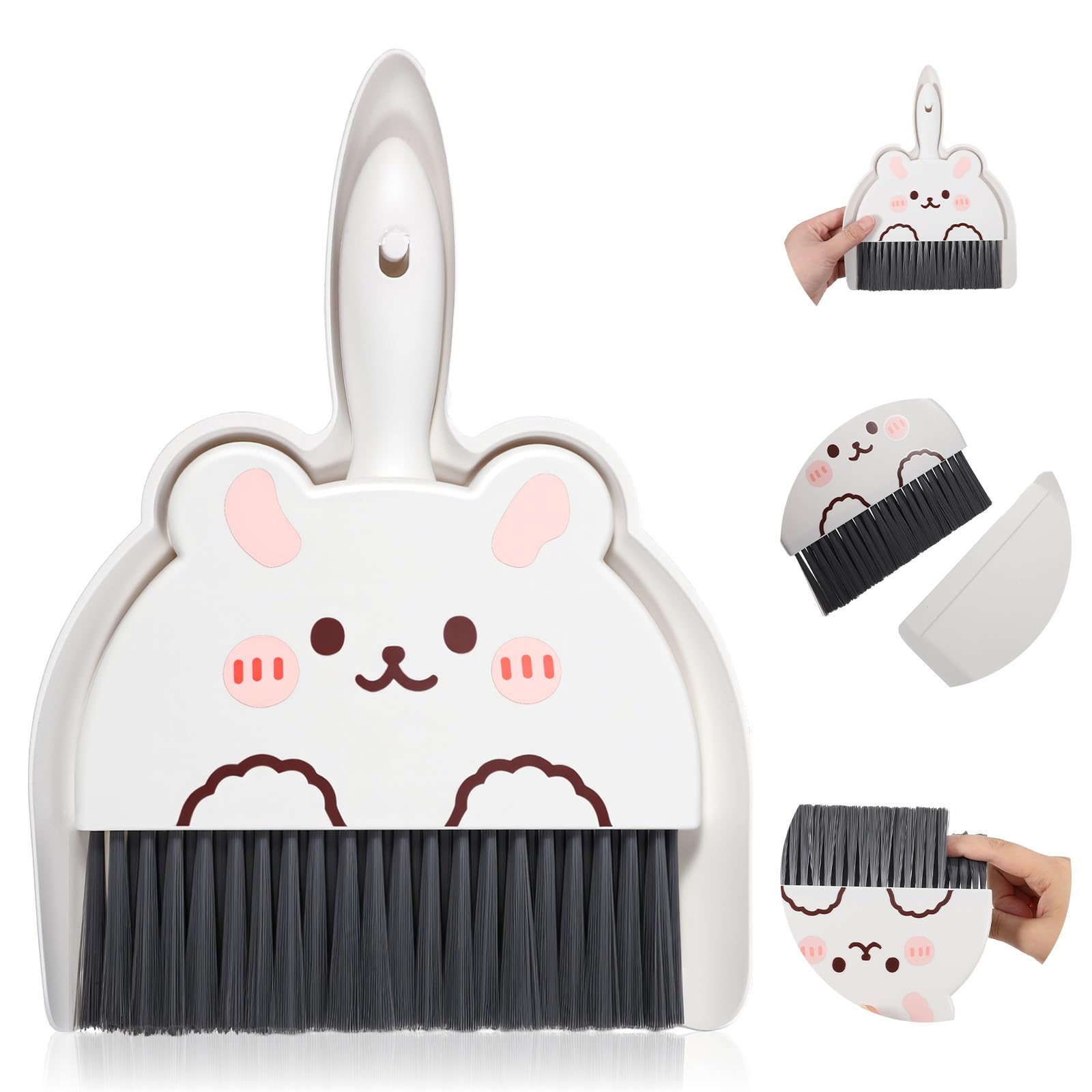 Ensemble balai et pelle à poussière portable, motif lapin mignon, mini balai et pelle à poussière portable avec brosse durable, pelle à poussière légère et balais pour bureau, cuisine, nettoyage