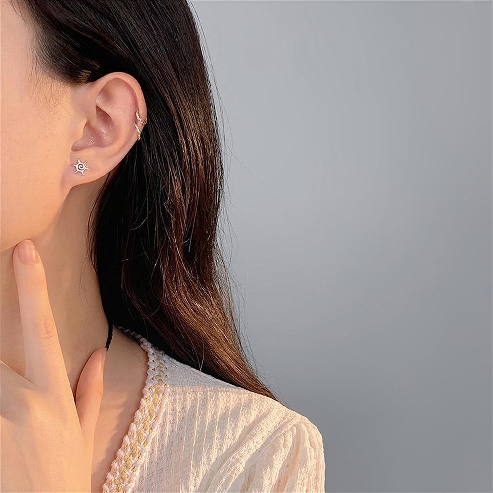 Cute Tiny Sun 925 Sterling Silver Small Stud Earrings for Women Men Minimalist Cartilage Tragus Piercings Studs Hypoallergenic Fashion Jewelry Gifts for Birthday Christmas Daughter 8.8mm - Image 6