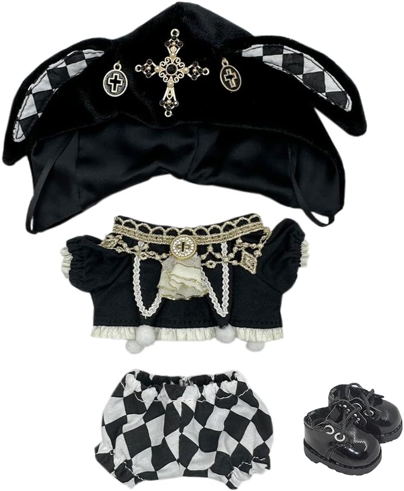 niannyyhouse Hat Coat Plaid Pants Shoes 10cm 20cm Plush Doll Black Golden Outfit Dress Up Accessories (Black-20cm)