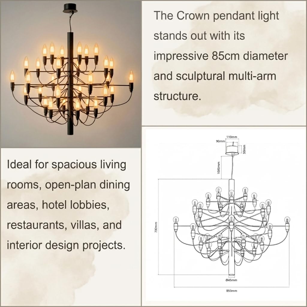 BARCELONA LED Duża Lampa Wisząca Ø85cm Crown 30xE14, Nowoczesny Żyrandol XL Sufitowy, Dekoracyjna Lampa do Dużego Salonu, Jadalni, Hotelu i Restauracji, Czarna Biała lub Chrom