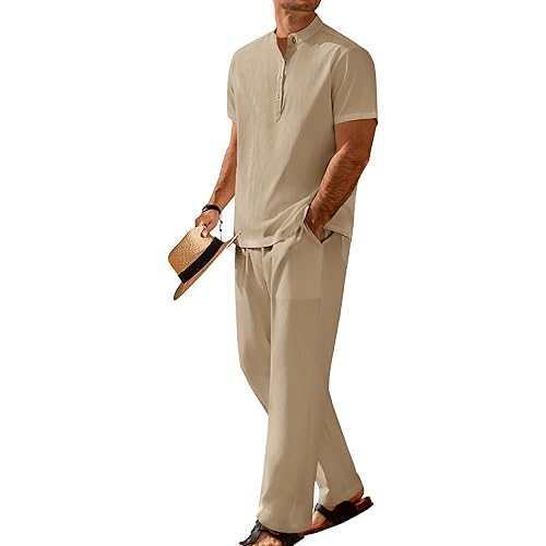 COOFANDY Men's 2 Pieces Set Short Sleeve Casual Henley Shirts Beach Yoga Pants Summer Beach Outfit