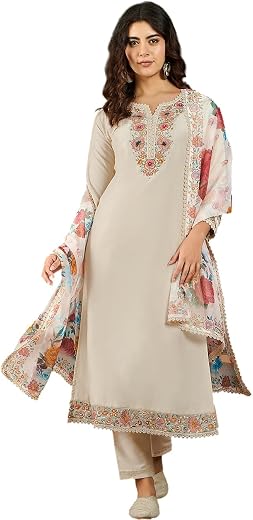 LYMI LABEL Kurta Set For Women - Cream Bitaliyan Thread Sequence Hand Work Embroidered Kurta With Pant And Organza Dupatta