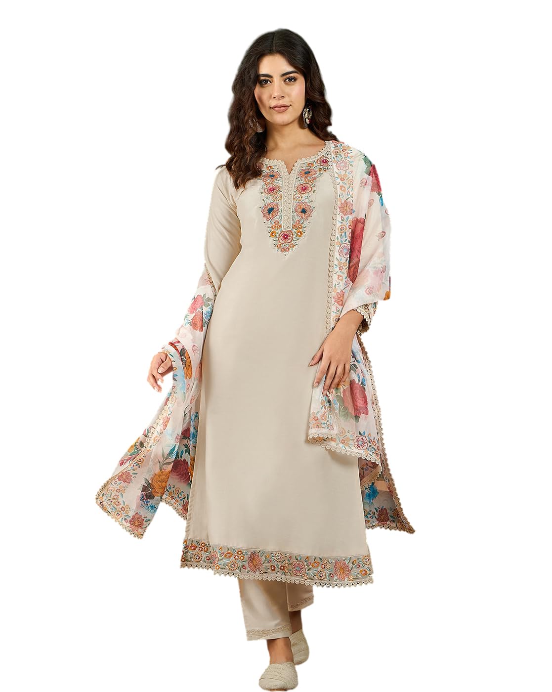 Kurta Set For Women - Cream Bitaliyan Thread Sequence Hand Work Embroidered Kurta With Pant And Organza Dupatta-image-36