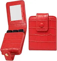 Estojo Porta Batom de Couro PU com Espelho – Organizador Portátil de Maquiagem para Viagem, Cabe até 3 Batons, Design Croco, Vermelho