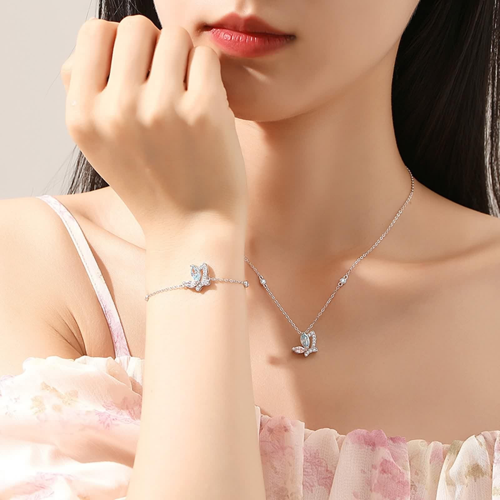 Collana Lunga Farfalla, Collane Donna Blu Topazio Ciondolo Catenina Gioielli Oro Bianco 9K/14K/18K con Moissanite Oro Bianco 40+5cm