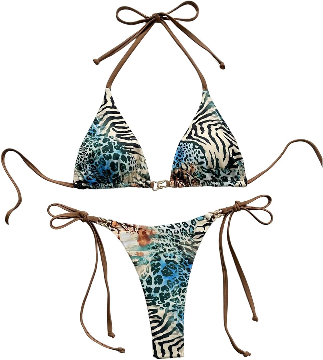 WDIRARA Women's Leopard Print Swimsuit Triangle Halter String Bikini Set 2 Piece Bathing Suit