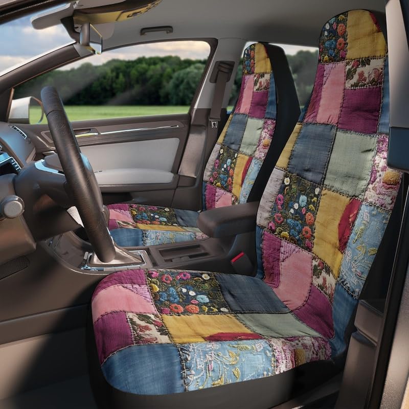 2 Pcs Boho Patchwork Car Seat Covers Vintage Floral Boho Design Quilted Seat Protectors Universal Fit for Cars SUVs Truck Interior Accessories