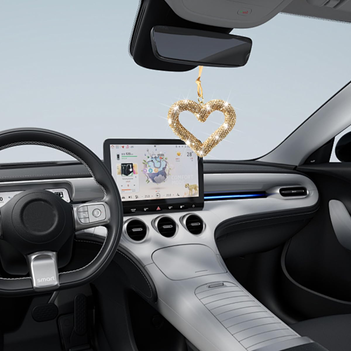 Crystal Heart Car Mirror Charm - Rhinestone Pendant Hanger For Rearview Mirror, Light Blue