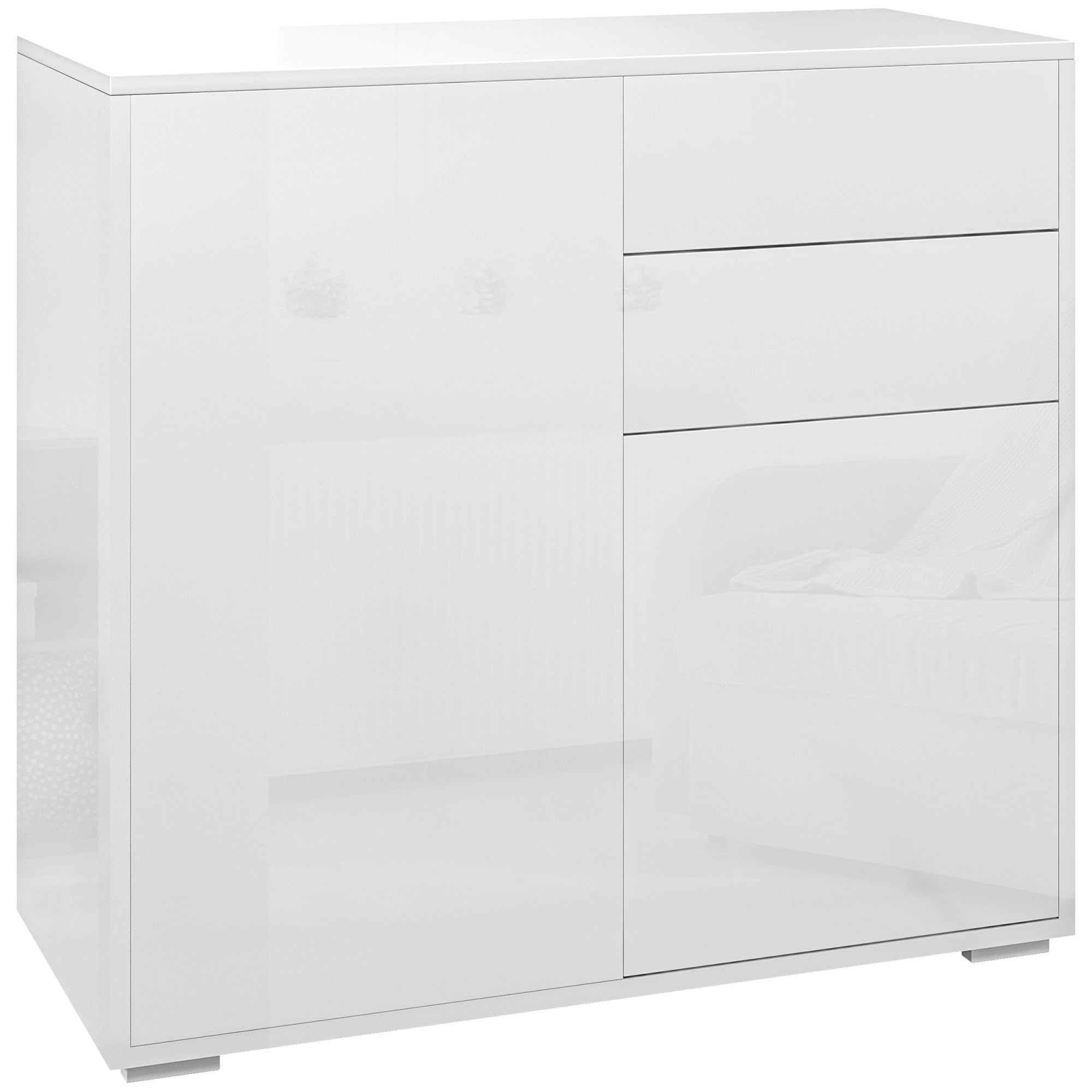 HOMCOM Meuble de Rangement Buffet Commode 79 x 36 x 74 cm Blanc Brillant | Armoire de Rangement, 2 Tiroirs, 2 Placards à Portes, Étagères Réglables, Salon, Chambre, Cuisine