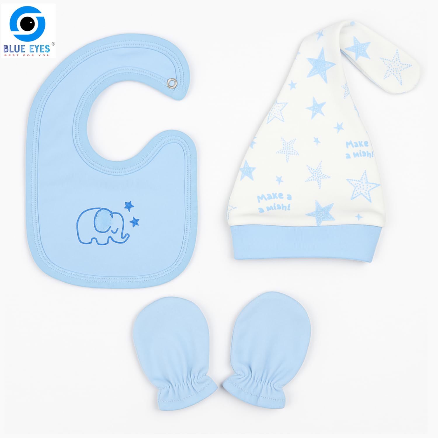 Blue Eyes Baby Geschenk Set Junge – 8-teiliges Neugeborenen Geschenkset aus 100% Baumwolle, Erstausstattung zur Geburt 0–4 Monate (Stern Blau)