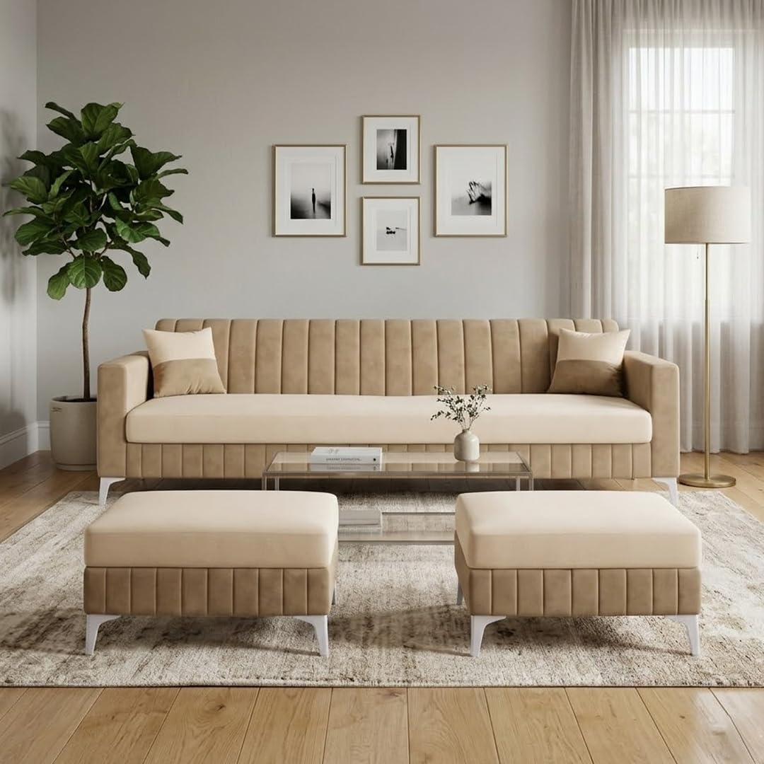 Amelia Rich 5 Seater L Shape Sofa Set with 2 Movable Ottomans | Flexible Layout | Spacious Soft Touch Seating | Modern Sofa for Living Room (Beige & Cream)-image-49