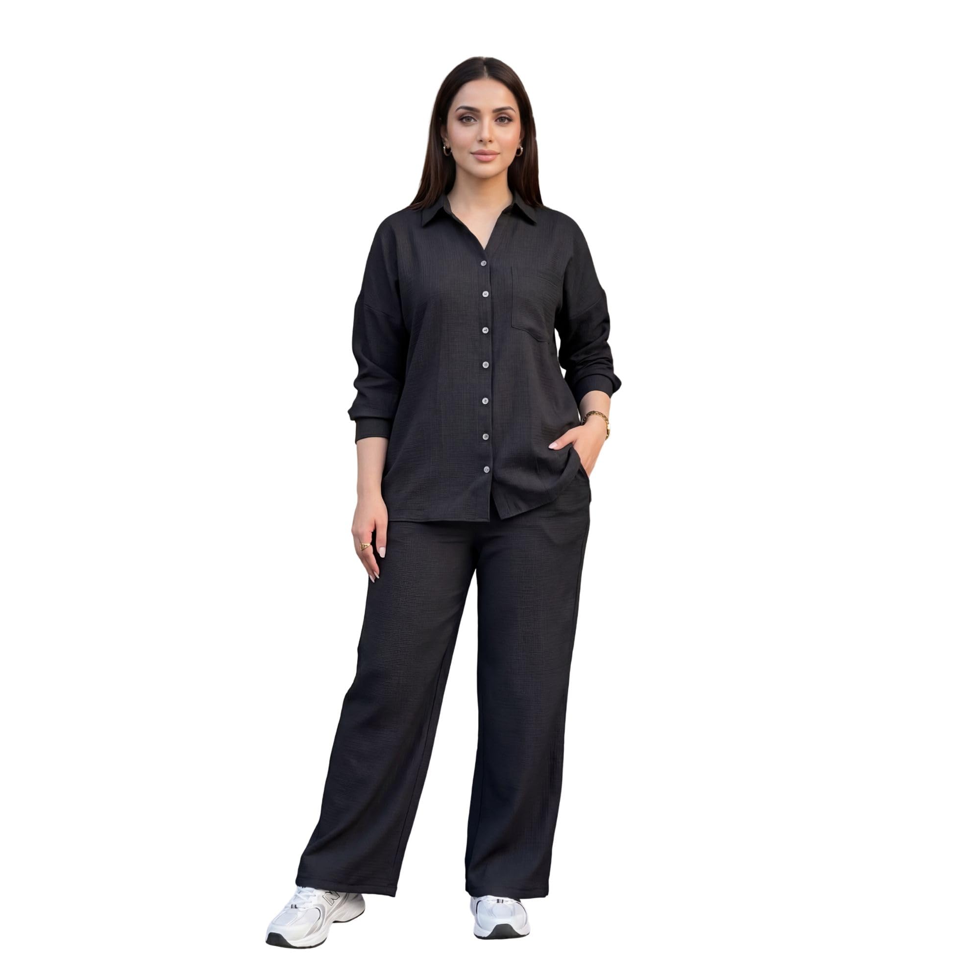 Women's Cotton Full Sleeve Collared Neck Shirt with Matching Straight Fit Trousers Co Ord Set for Casual Wear-image-45