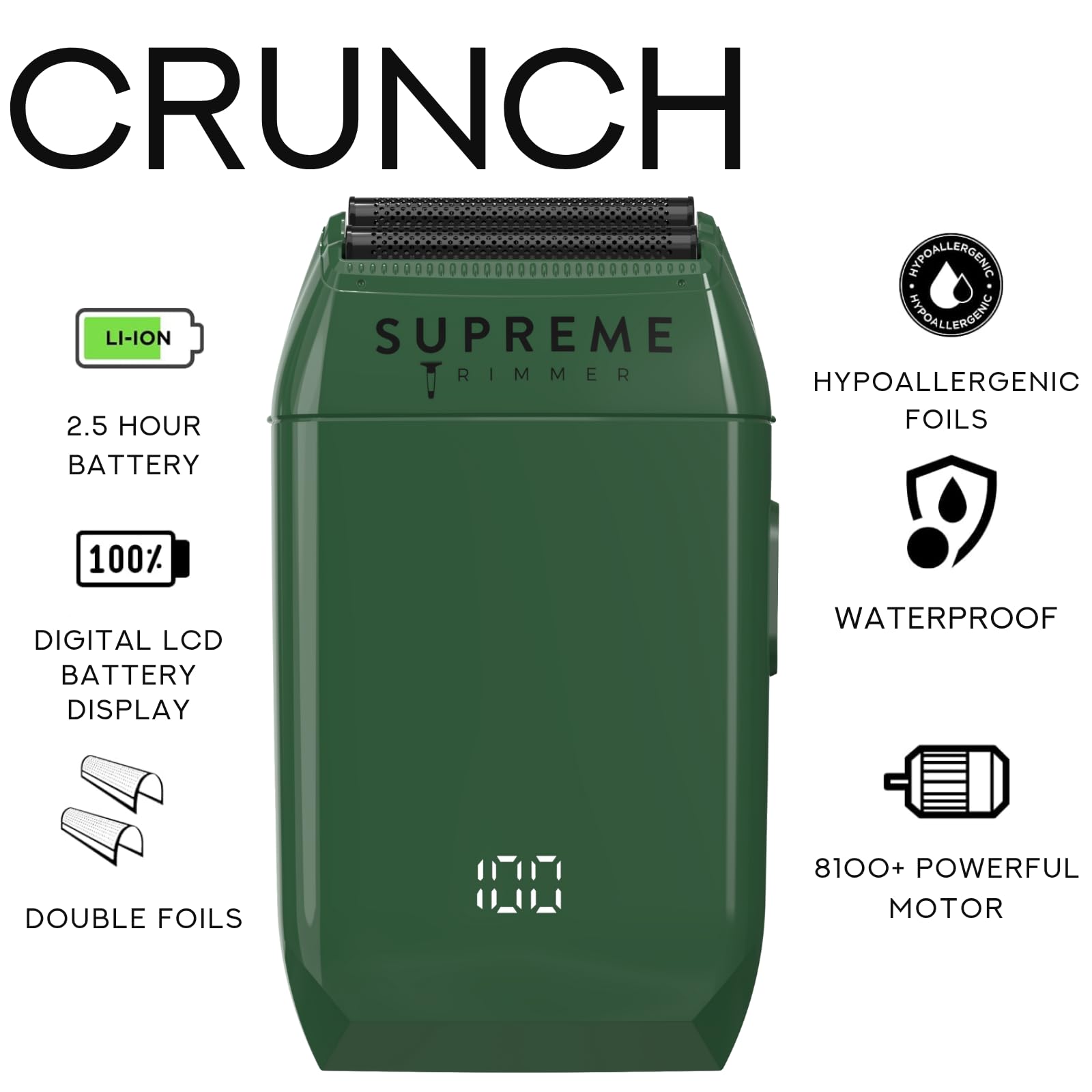 Supreme Trimmer Crunch STF602 - Rasoio a doppia lamina impermeabile da uomo, durata 150 minuti, rasoio elettrico senza fili e con filo per bagnato/asciutto, fogli ipoallergenici per viso, testa e