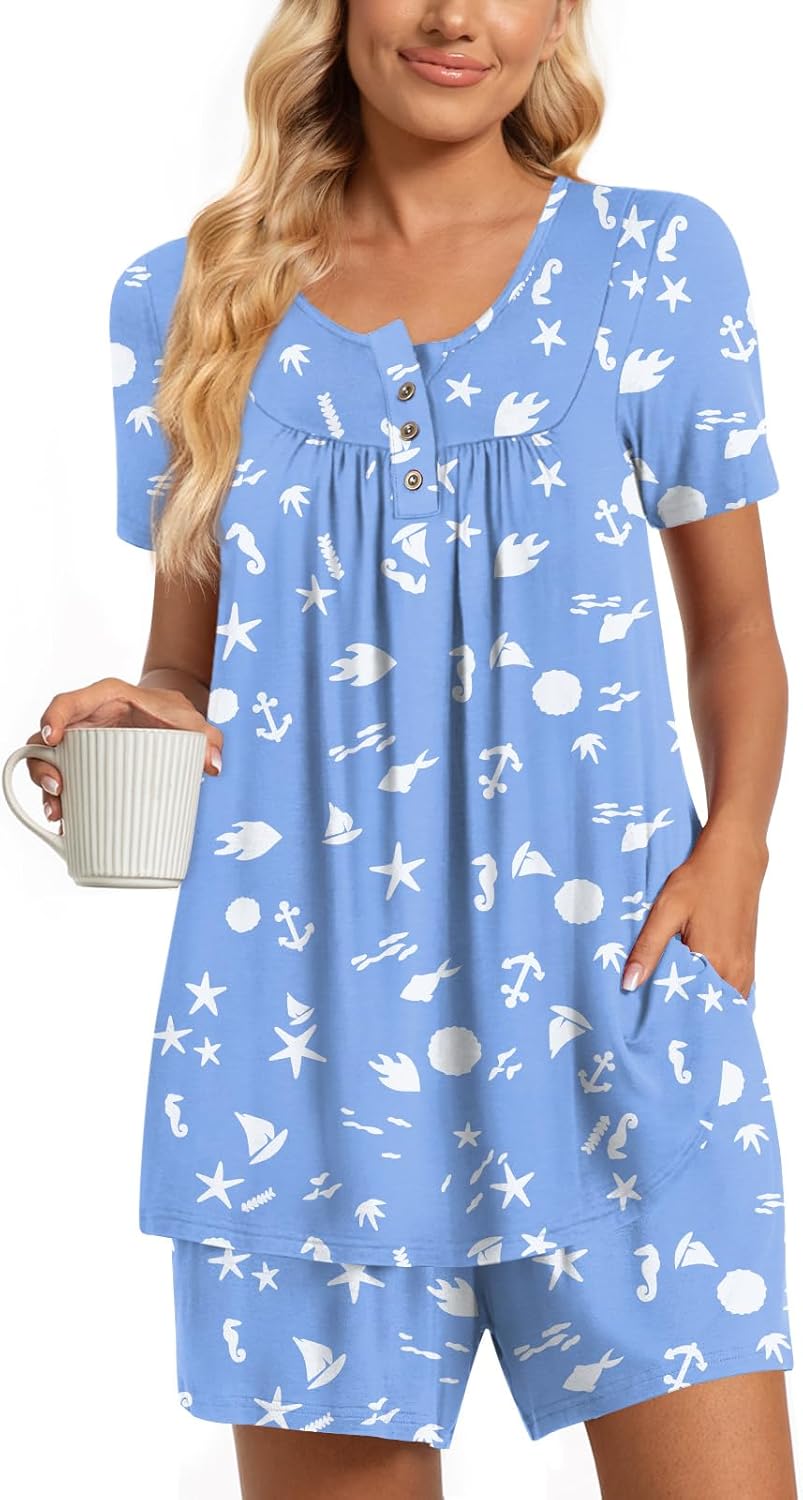 Women Pajama Sets Summer Short Sleeve Pjs 2 Piece Plus Size Lounge Sleepwear Set with Pockets