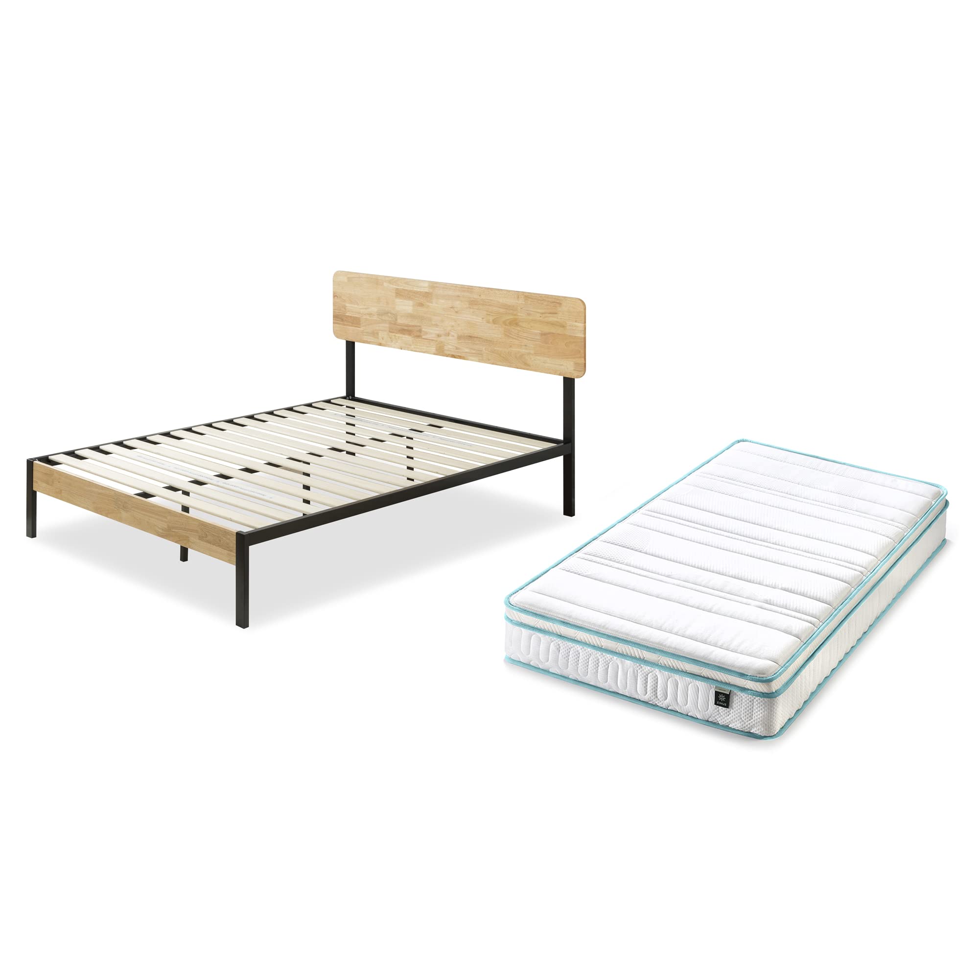Olivia 36 cm Metal and Wood Platform Bed Frame Memory Foam Spring Hybrid Mattress | Double | Height 20 cm