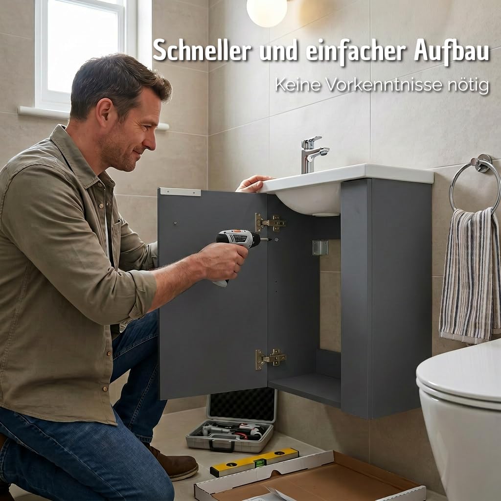 BadeDu UMEA Gäste WC Waschtisch Set 50 cm Anthrazit matt – Waschbeckenunterschrank mit Gussmarmor Waschbecken Weiß – platzsparender Waschtisch für kleines Bad & Gäste WC