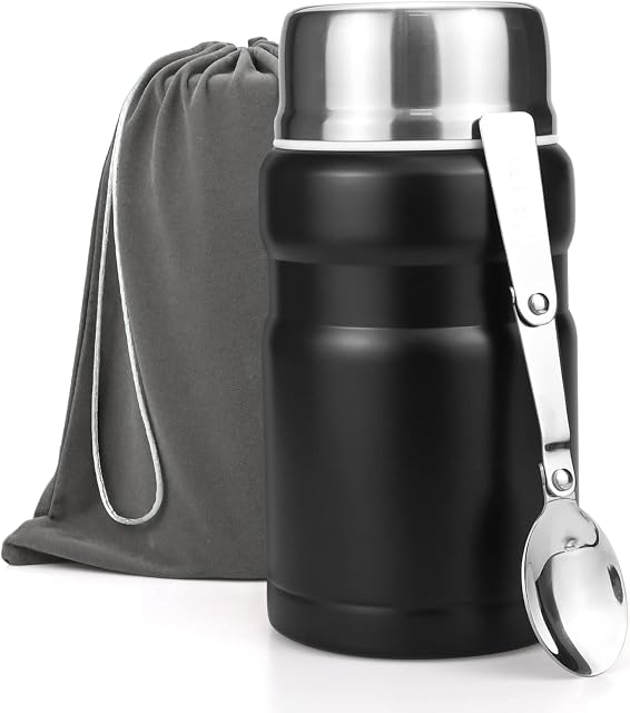 Food Flask, 750ml Vacuum Insulated Food Thermos Stainless Steel Double Walled Vacuum Insulated Food Containers for Hot Cold Food, Kids and Adults Leakproof Soup Flask with Folding Spoon & Bag - Black