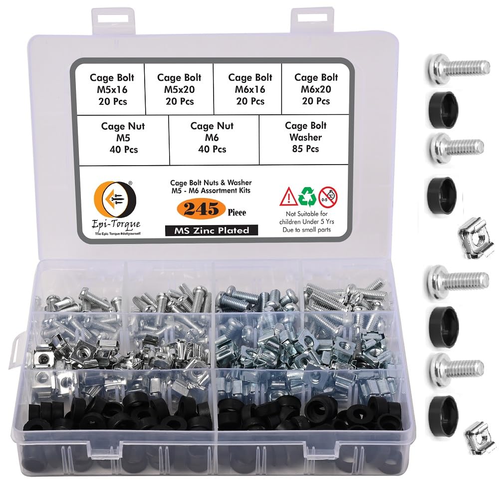- Epi-Torque 80Sets/160Pcs M5 M6 Cage Nuts and Screws Set, Square Hole Hardware Cage Nuts & Mounting Screws Washers for Server Rack and Cabinet (M5 x 16mm, M5 x 20mm, M6 x 16mm, M6 x 20mm)