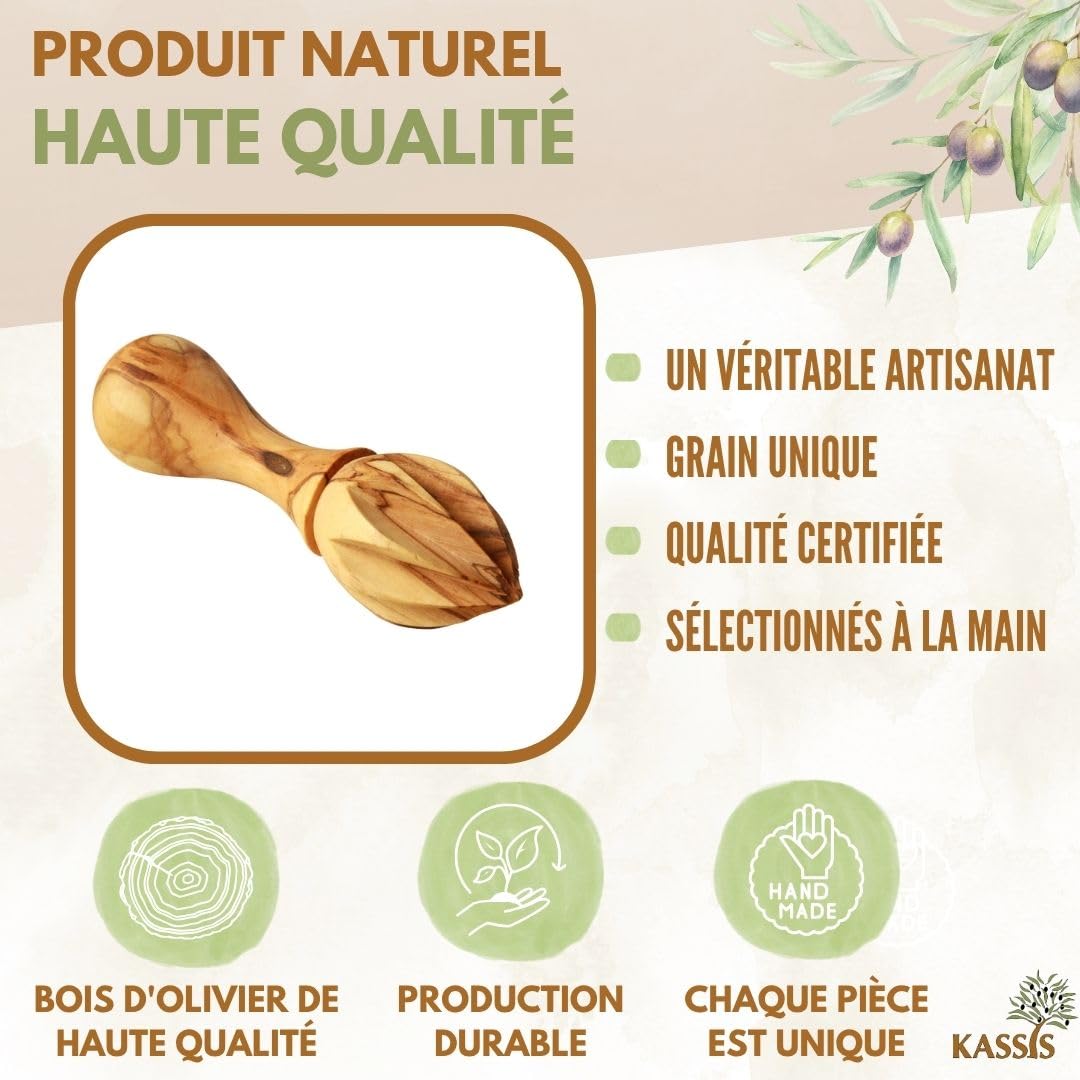 KASSIS Presse-agrumes en bois d'olivier - Jus frais - Presse-lime et orange artisanal 14 cm