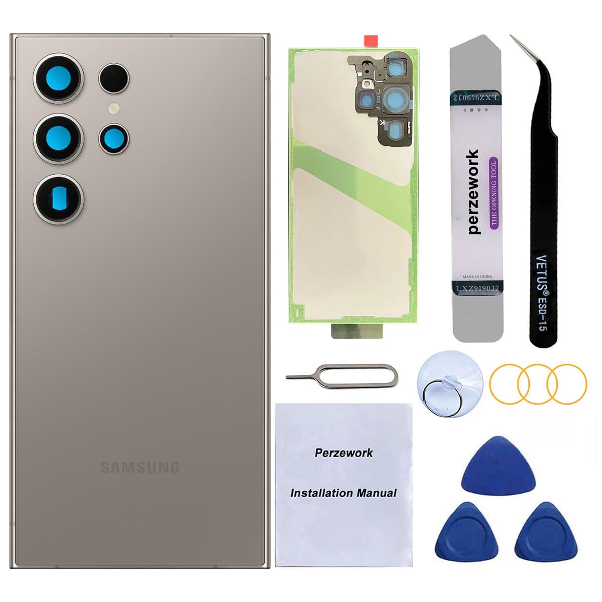 Rear Back Glass Replacement for Samsung Galaxy S24 Ultra 6.8-inches with Reparing Toolkit(Titanium Gray)