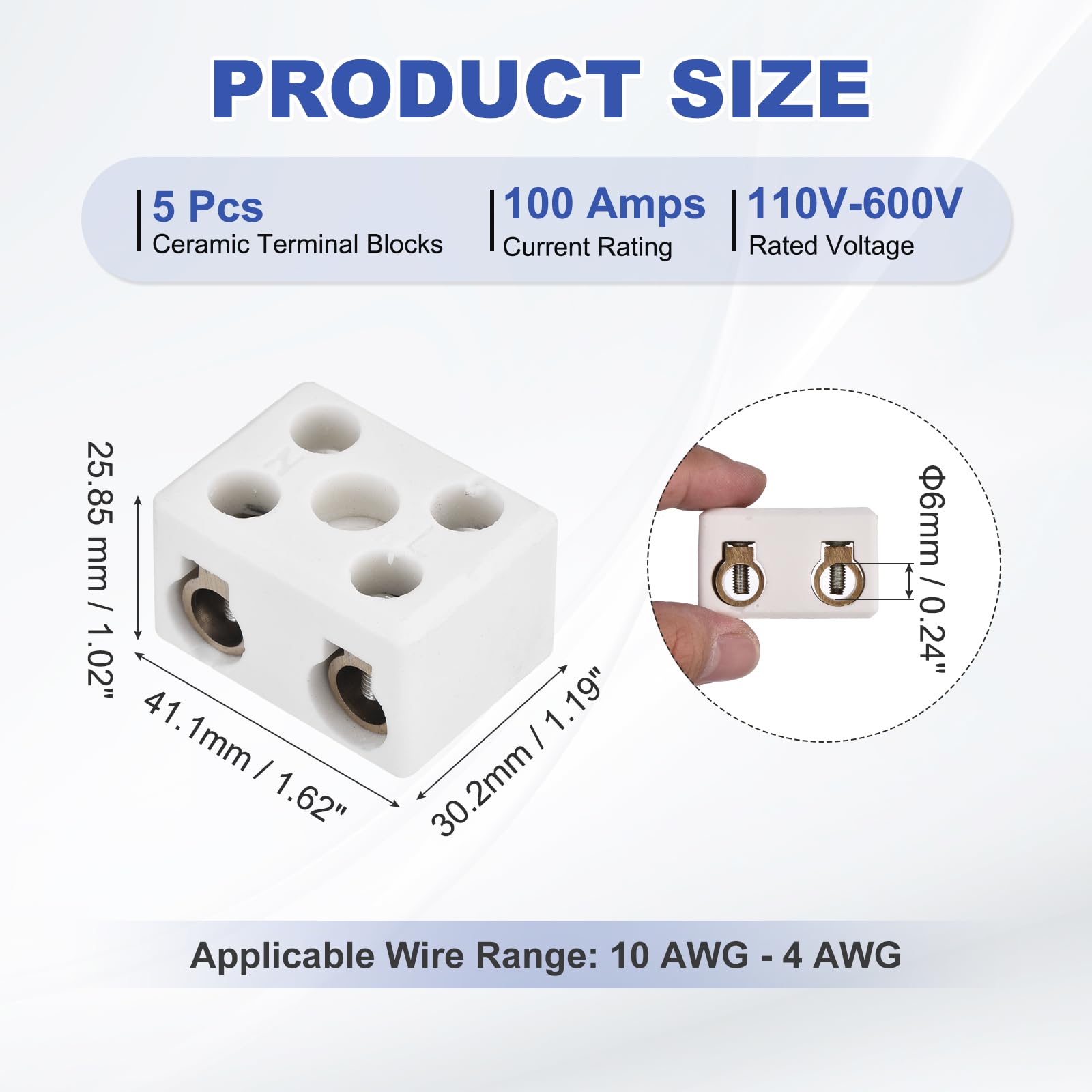 MECCANIXITY Lot de 5 borniers en céramique à 2 voies, connecteurs électriques en porcelaine haute température avec conducteurs en cuivre pour câble électrique 10 AWG-4 AWG, 41,1 x 30,2 x 25,85 mm