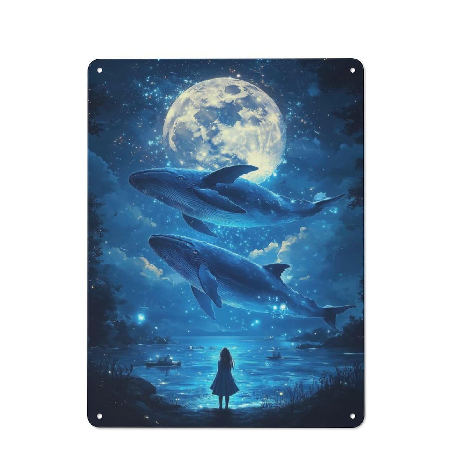 Junmoney Girls Gazing At Whales Tin Wall Plaque 40X30cm With For Guest Room Or Hallway, For Hallway Wall Decor Fans