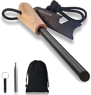 Flintronic Feuerstahl mit Handmade Griff, Feuerstein Survival Set, Wasserfester Magnesium-Feuerstarter, mit Teleskop Blasrohr, Pfeife, Schaber mit Skala, für Wandern/Camping/Outdoor