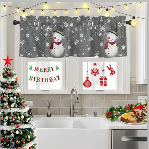 Window Valance Rod Pocket Short Curtain Panels Winter Falling Snowflake and Snowman Kitchen Valances Curtains, Merry Christmas Grey Back Window Treatments Drapes for Living Room Bedroom Decor