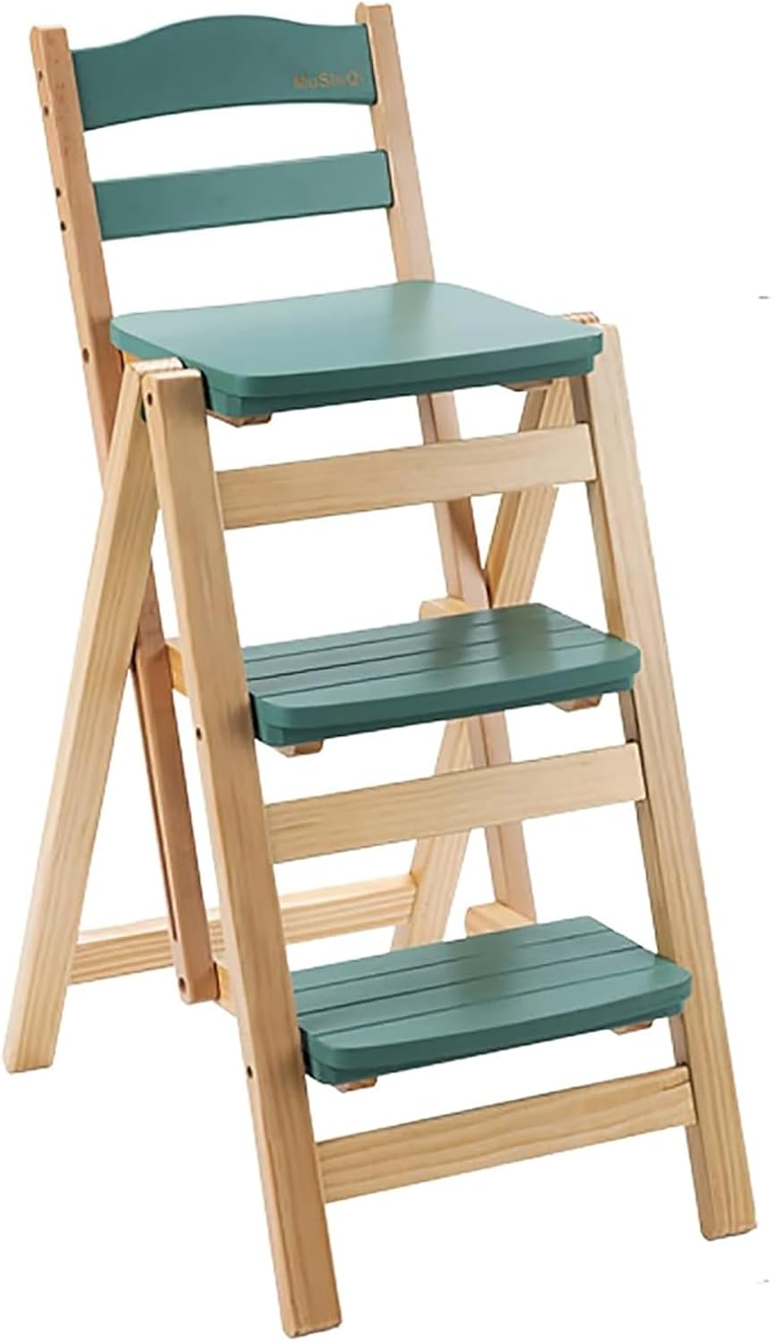 Folding Bar Stool 3 Step Ladder Stool,Solid Wood Kitchen Island Step Stool Chair,Portable Foldable Step Chair Tall Bar Stool Counter Height for Adults(15.7" D x 21.5" W x 34.6" H, Natural)