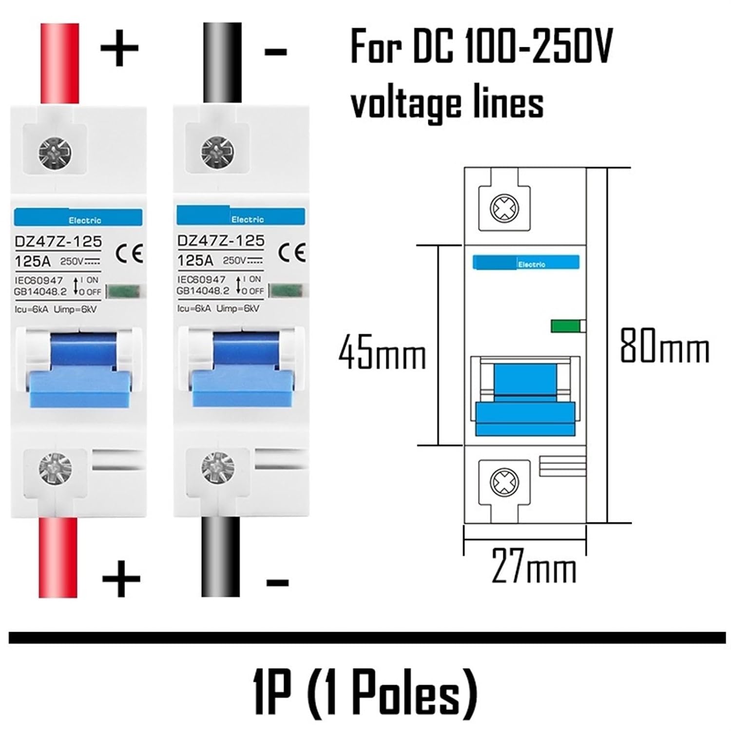 DC 1000V/500V 125A MCB Solar Energy PV Circuit Breaker 1P 2P 4 Poles 80 Amp 100A Current Main Witch Battery Protector DZ47Z-125 1Pcs(100A,4P)