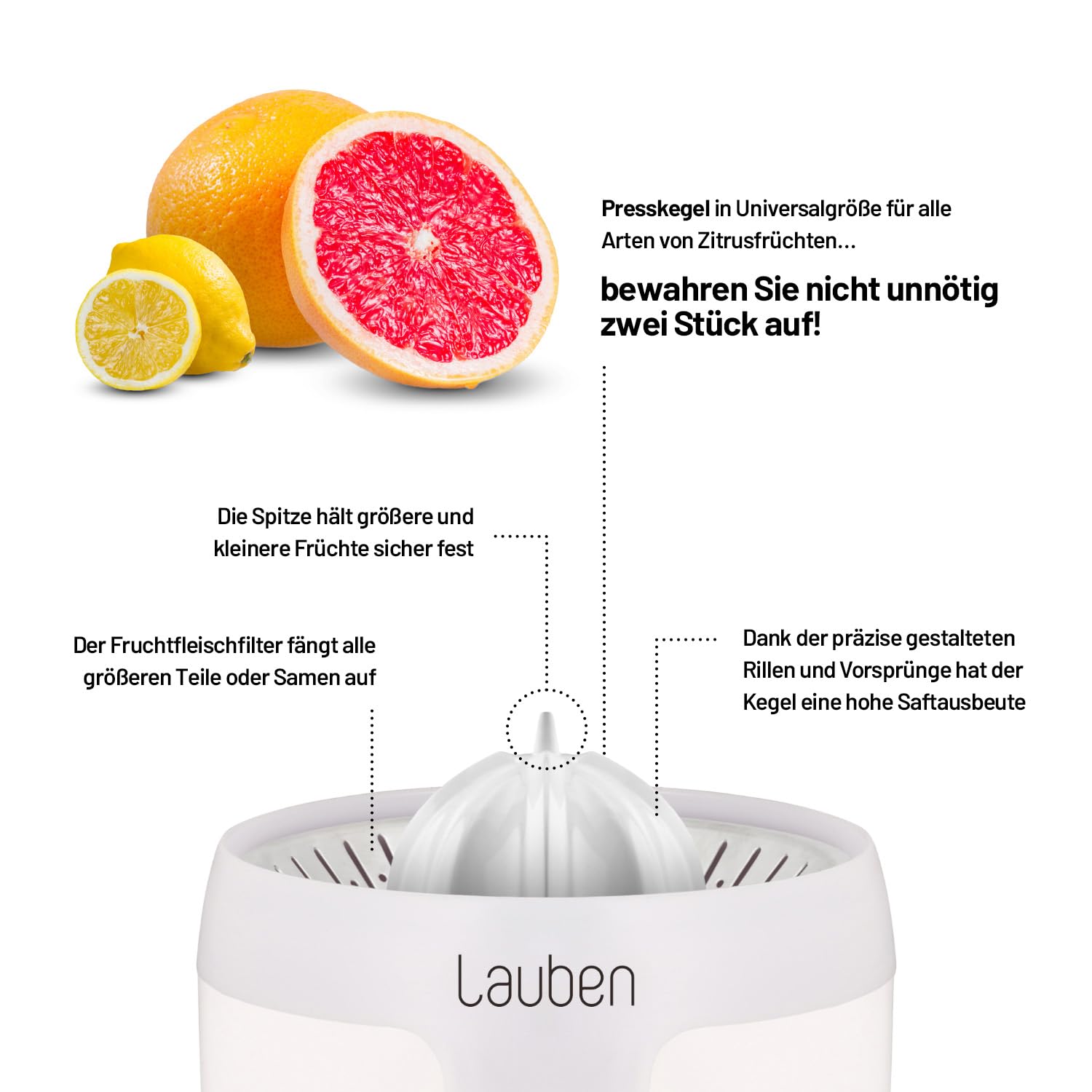 Lauben Electric Citrus Juicer 110WT Electric Citrus Juicer with Accurate Anti-Drip Function, Universal Cone Size, Silent Operation, Fruit Pulp Filter, Automatic Turn on
