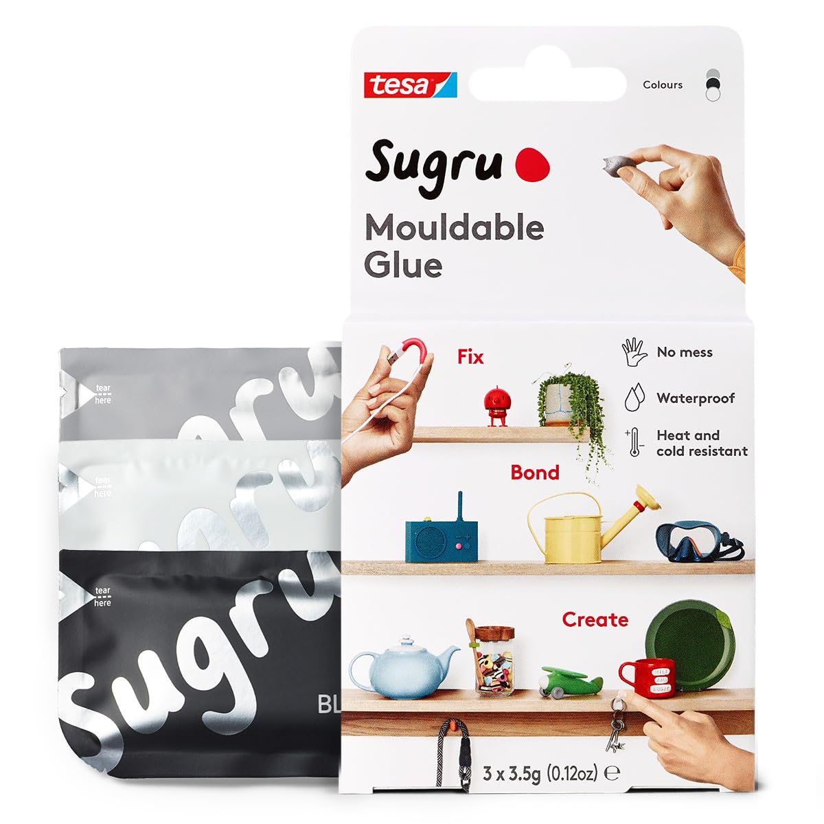 Sugru Colla modellabile di tesa, adesivo forte per tutti gli usi, confezione da 3 (3 x 3.5 g) in nero, bianco e grigio