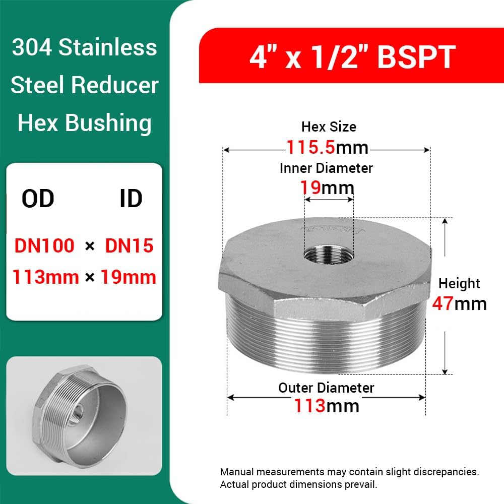 Reducer Hex Bushing, 1PC 4"Male - 1/2"Female BSPT 304 Stainless Steel Pipe Connectors, Reducing Pipe Adapter Fitting for Plumbing Air Tool and more