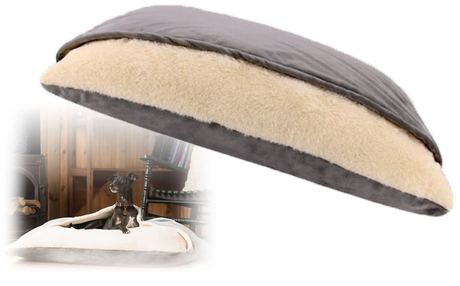 Calming Dog/Cat Bed with Hood Blanket, Washable, Removable Sleeping Bags for Small/Medium Pets, Soft Fuzzy Comfy Dog Bed Sofa (60x50x23cm, Dark Grey)