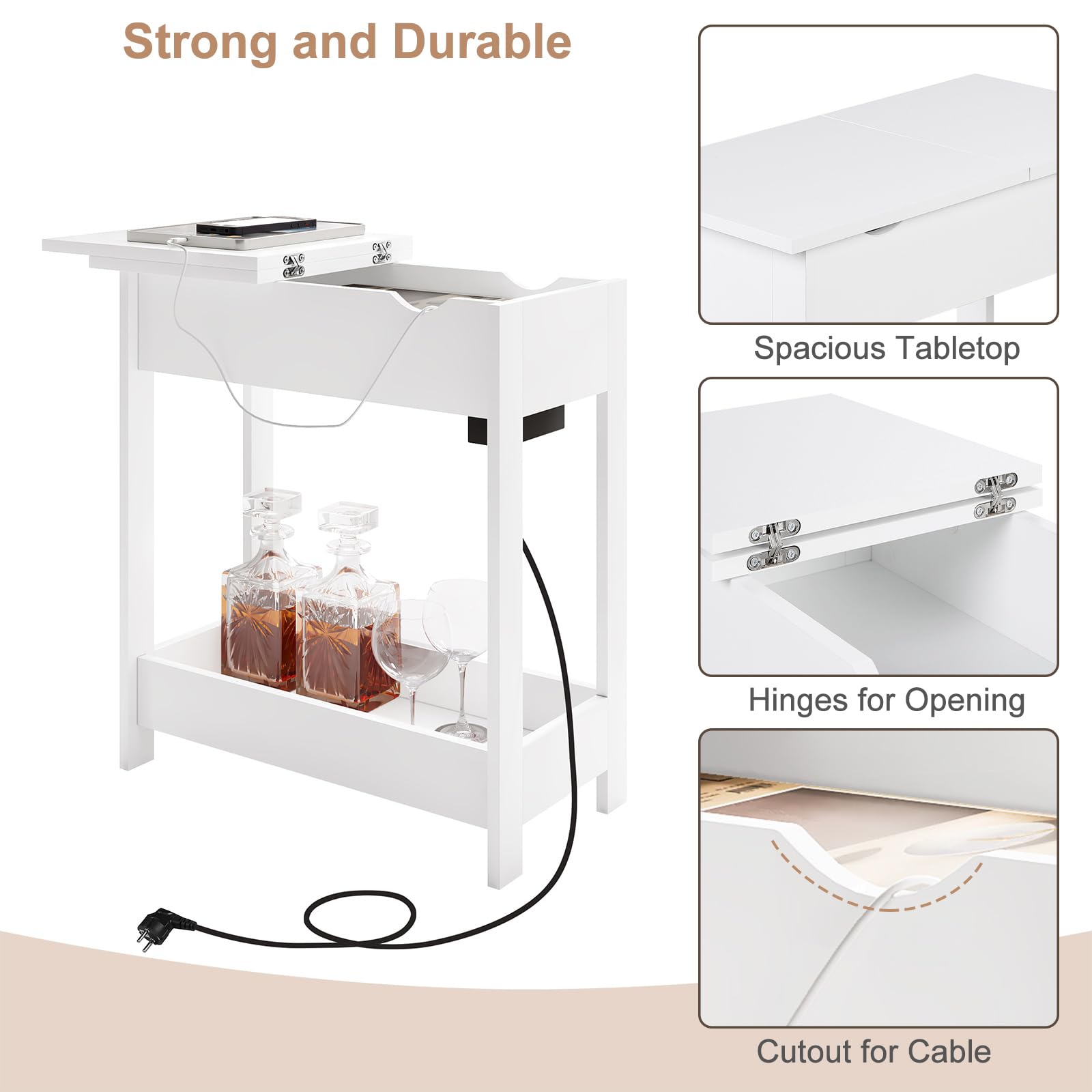 EUGAD Mesita Auxiliar, Mesa de Sofa con Tablero Plegable, Compartimento Oculto y Estante de Almacenaje, Mesita Estrecha con Enchufe y Puertos USB, Ideal para Salón y Dormitorio, Blanco