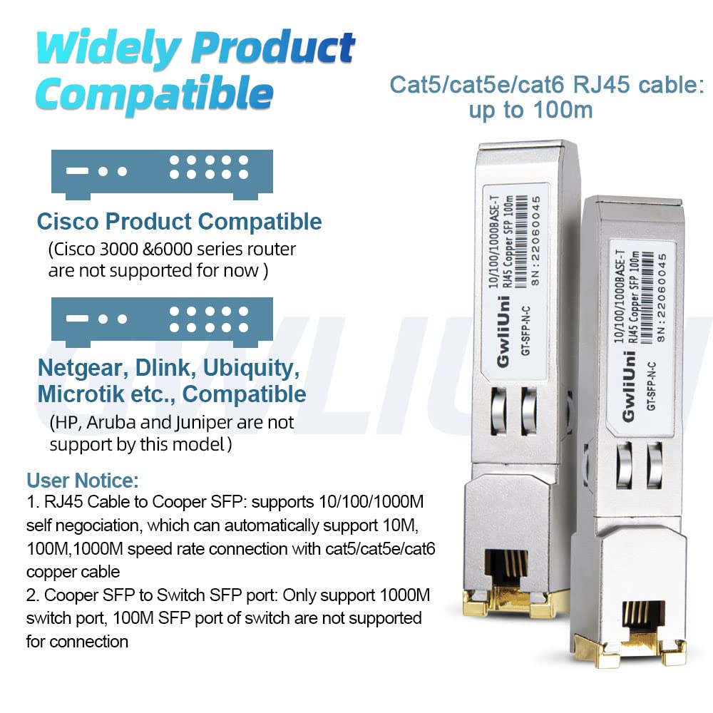 Lot de 10 modules émetteurs-récepteurs RJ45 en cuivre SFP, 10/100/1000Base-T 100 m pour Cisco, Netgear, Mikrotik, Ubiquity, DLink, etc. Commutateur ouvert