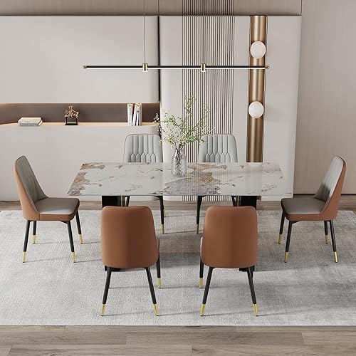 Miniatura 7 de Juego de mesa de comedor moderno de 71 pulgadas para 6, juegos de comedor para 6, mesa de mármol sintético de cocina y sillas de piel sintética,