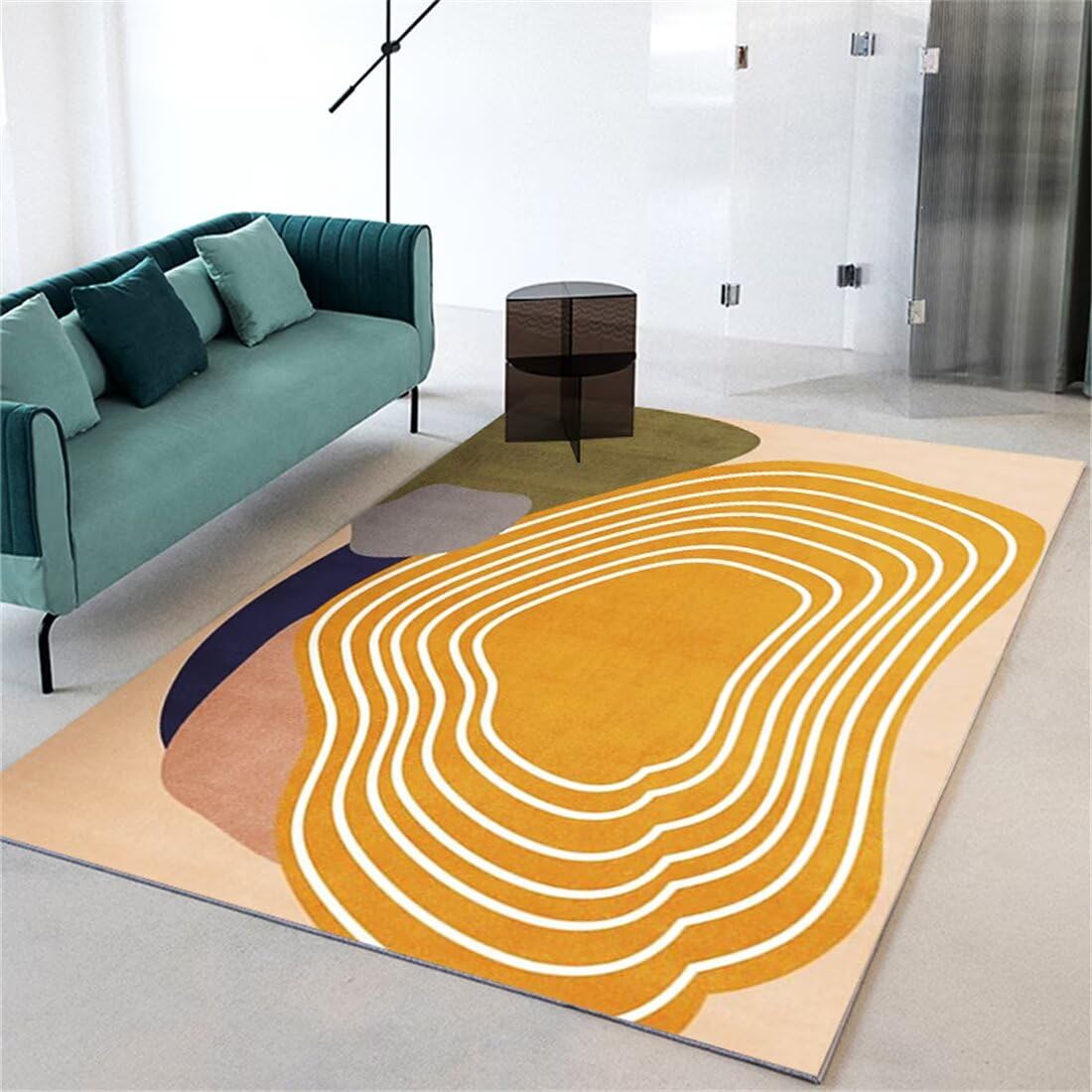 Tapis de sol exterieur jaune 150x200cm au motif moderne rayé unique