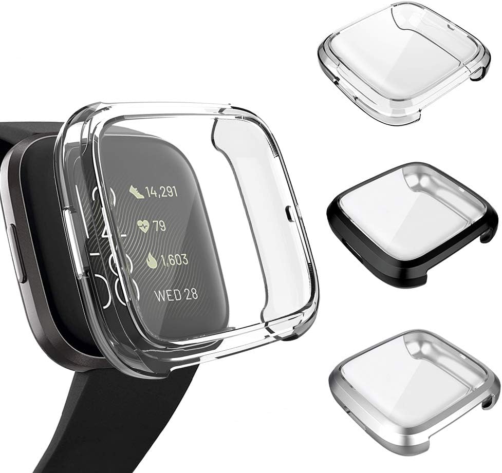 3 Pack Screen Protector Compatible Fitbit Versa 2 Case, Ultra-Thin Slim Soft TPU Protective Case All-Around Full Cover Bumper Shell for Fitbit Versa 2 Smart Watch, Clear,Black,Silver