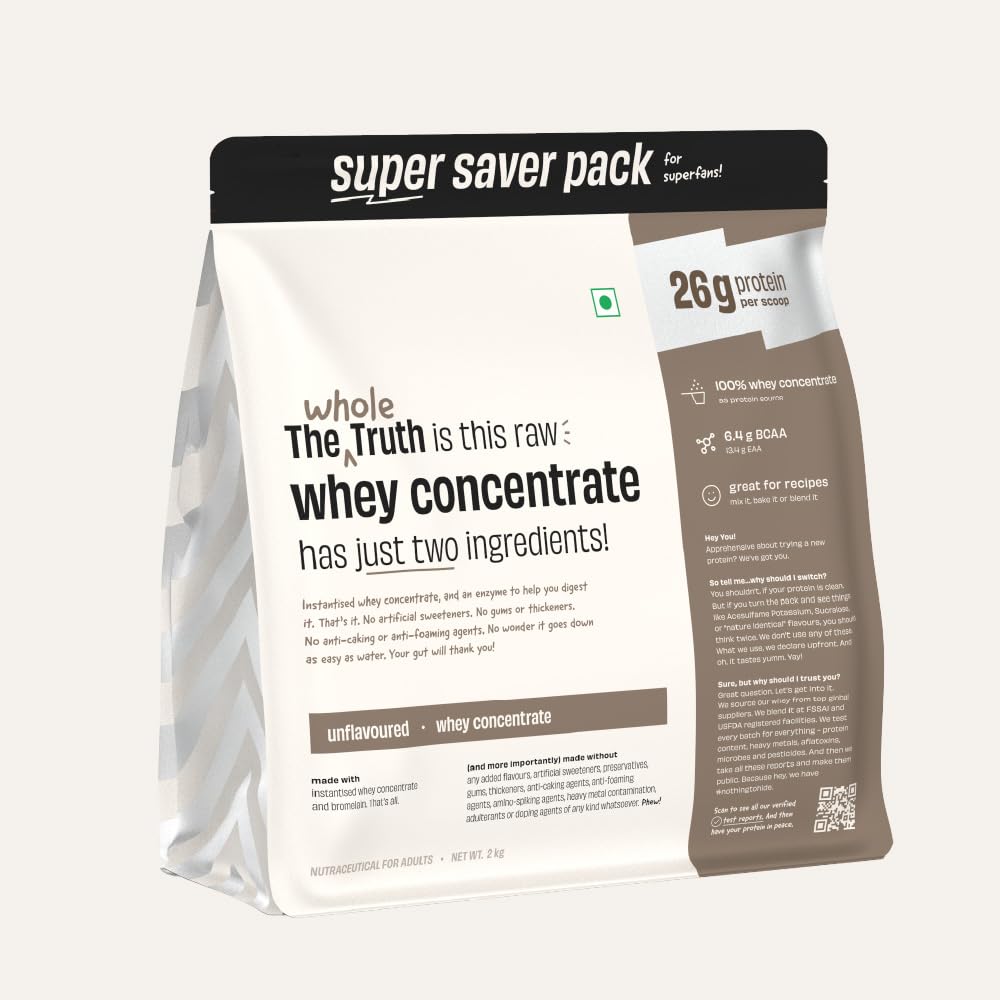 The Whole Truth Whey Protein Concentrate Unflavoured | 2 kg (4.4 lbs) | 26g Protein per scoop | 6.4g BCAA | No Adulteration | Clean and Light | Muscle Building | Vegetarian